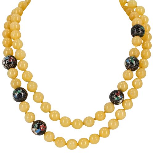 CHINESE YELLOW JADE AND CLOISONNE BEADED