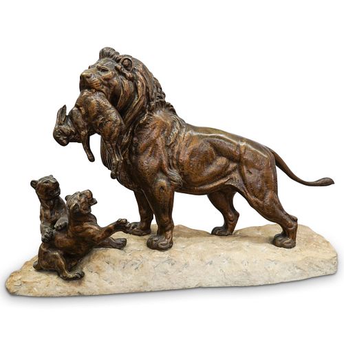 SIGNED LION BRONZE AND STONE STATUEDESCRIPTION:
