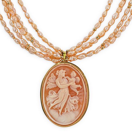 ITALIAN 18K GOLD CAMEO AND PEARL