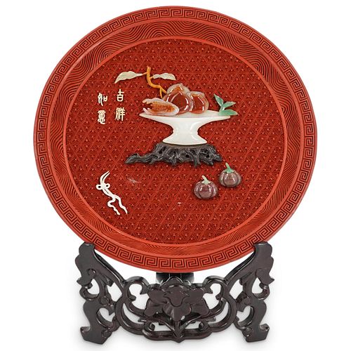 CHINESE CINNABAR PLATE ON WOODEN