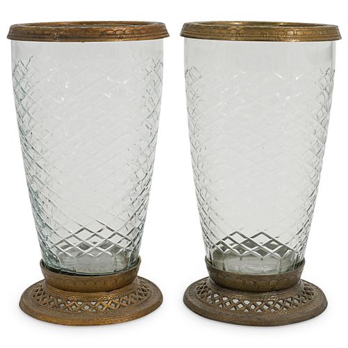(2 PC) VINTAGE GLASS AND BRASS
