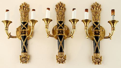 3 BRASS 2 LIGHT WALL SCONCES FRENCH 38ca75