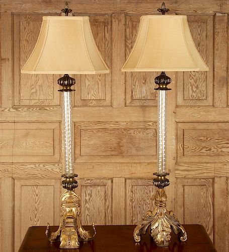 PAIR WOOD GLASS METAL TABLE LAMPS 38cac1
