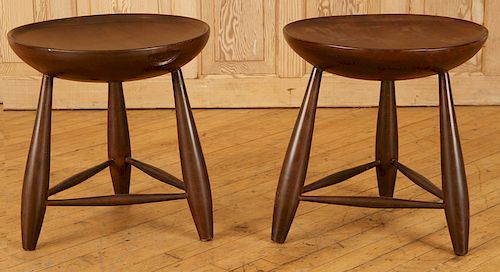 PAIR ROUND WOOD END TABLES MANNER