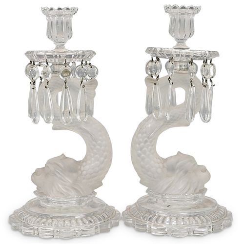 PAIR BACCARAT DOLPHIN GLASS CANDLE 38cb3b