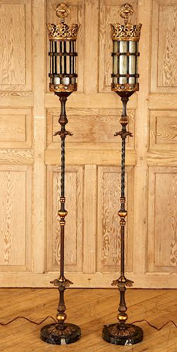 PAIR GILT IRON GLASS FLOOR LAMPS