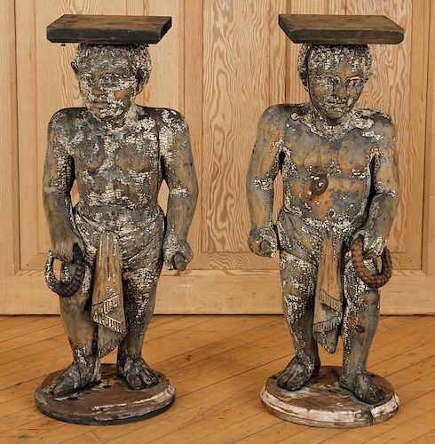 PAIR WOOD CARVED FIGURAL END TABLES