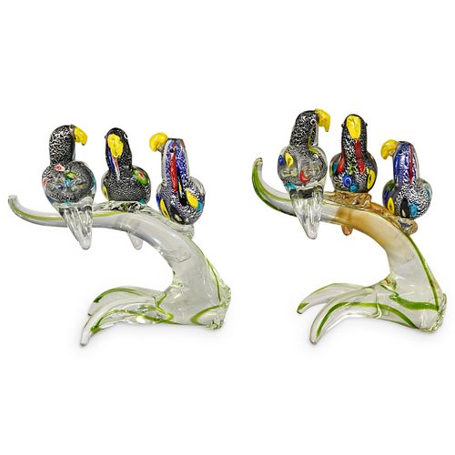 (2 PC) MURANO ART GLASS THREE PARROTS