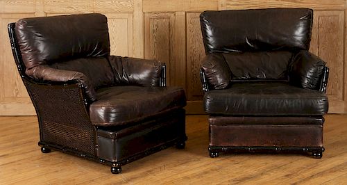 PAIR LEATHER UPHOLSTERED ARM CHAIRS
