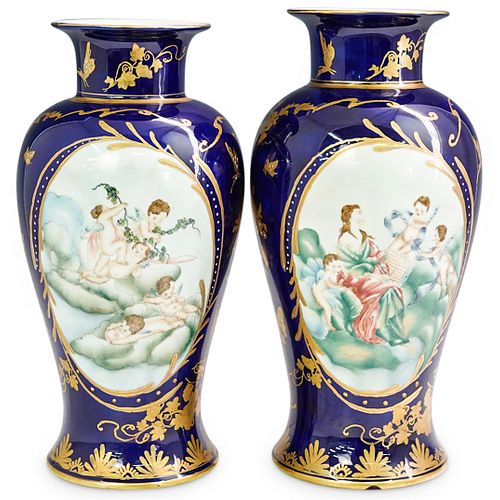  2 PC LARGE SEVRES STYLE COBALT 38cca8