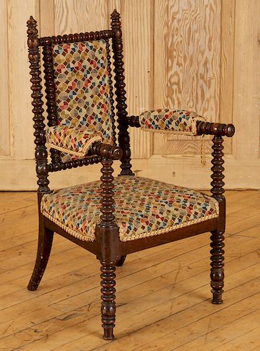 19TH C. MAHOGANY CHILDS CHAIR NEEDLEPOINTA