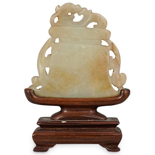 CHINESE CARVED JADE PLAQUE ON WOOD STANDDESCRIPTION: