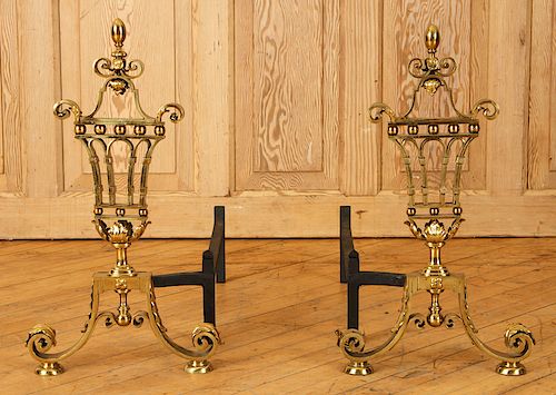 PAIR BRASS ANDIRONS IN CONTINENTAL 38cd80