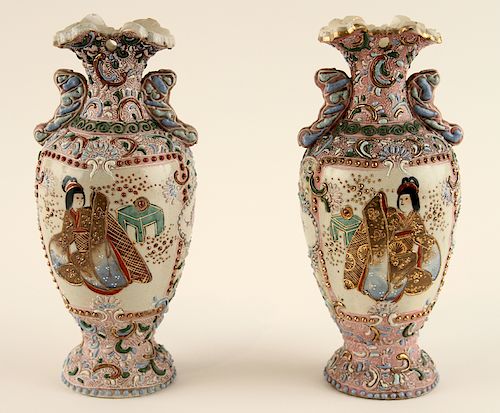 PAIR JAPANESE ENAMELED VASES MARKEDA 38cdb7