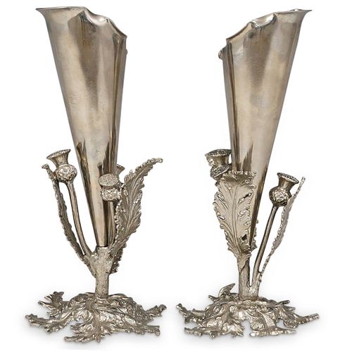 (2 PC) SILVER PLATED FLORAL BUD VASESDESCRIPTION: