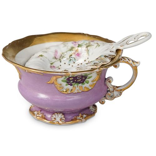 (2 PC) PORCELAIN TEA CUP & STRAINERDESCRIPTION: