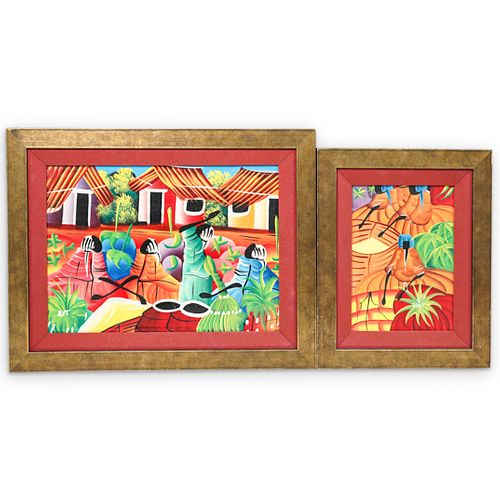 (2 PC) SIGNED HAITIAN ACRYLIC FIGURATIVE