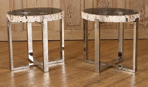 PAIR PETRIFIED WOOD END TABLE CHROME 38cf6e