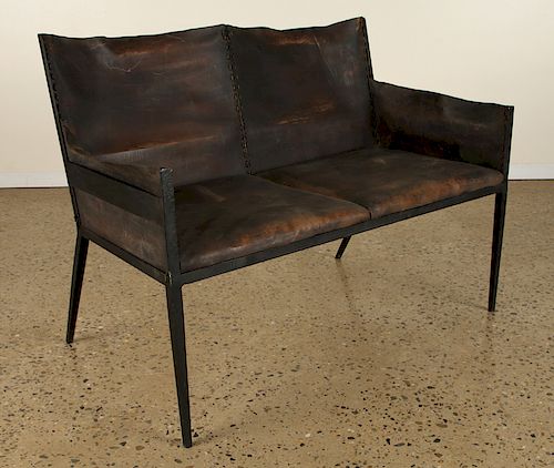 IRON LEATHER SETTEE MANNER OF JEAN-MICHEL
