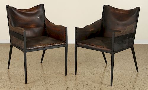 PAIR IRON LEATHER CHAIRS MANNER