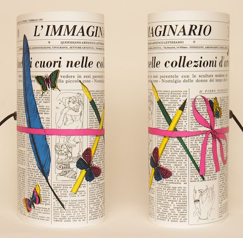 PAIR FORNASETTI TABLE LAMPS NEWSPAPER