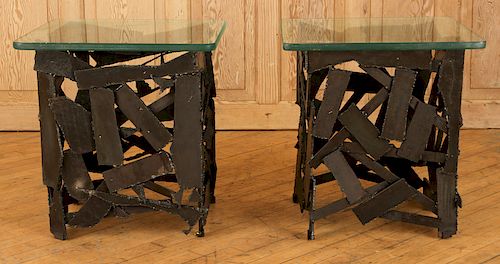 PAIR BRUTALIST STYLE IRON TABLES 38cfdd