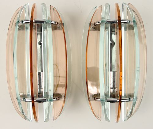 PAIR FAN FORM GLASS SCONCES MANNER