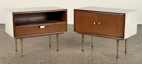 PAIR PARCHMENT COVERED END TABLES