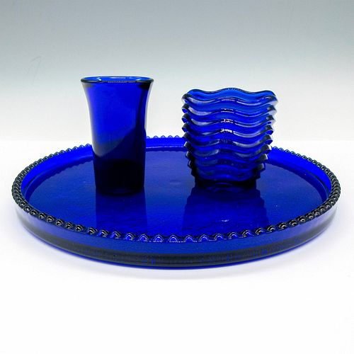 3PC VINTAGE COBALT BLUE GLASS TRAY,