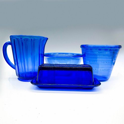 4PC VINTAGE COBALT BLUE GLASS KITCHENWAREHeavy 38fb39