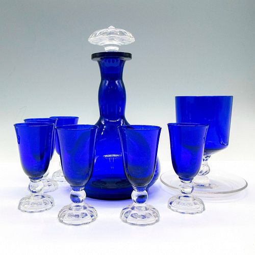 8PC VINTAGE COBALT BLUE GLASS DECANTER