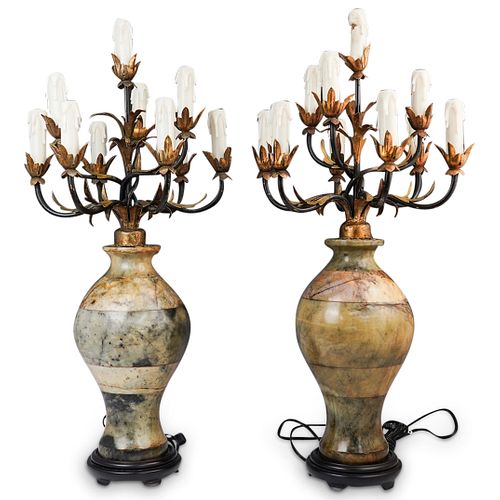 PAIR OF ONYX TABLE CANDELABRA LAMPSDESCRIPTION: