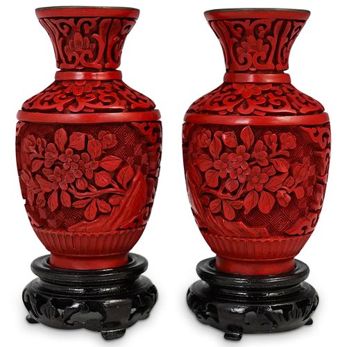 PAIR OF CARVED CINNABAR LACQUER 38fd54