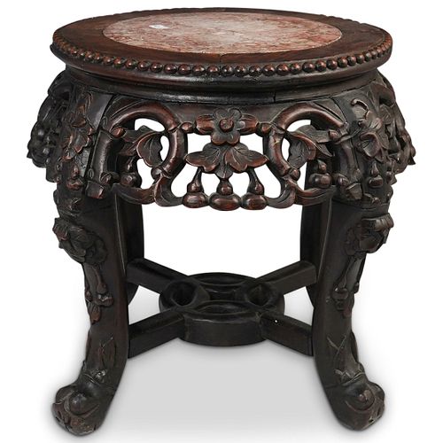 CHINESE CARVED WOOD & MARBLE PEDESTALDESCRIPTION: