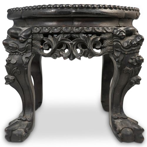 CHINESE CARVED WOOD & MARBLE PEDESTALDESCRIPTION: