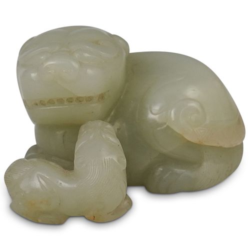 GREEN JADE FOO DOG CARVING SCULPTUREDESCRIPTION: