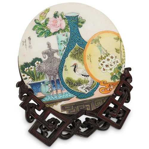 CHINESE PAINTED MARBLE PLAQUEDESCRIPTION: