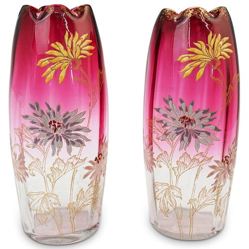 PAIR OF PAINTED GLASS VASESDESCRIPTION: