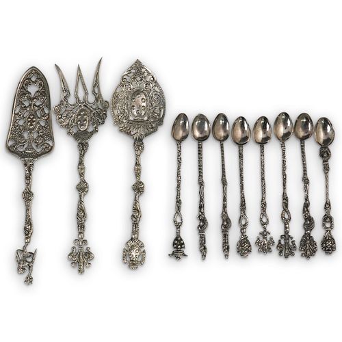 (11 PC) ANTIQUE ORNATE SILVER ALLOY