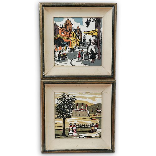  2 PC FRENCH PAINTED TILE FRAMED 390116