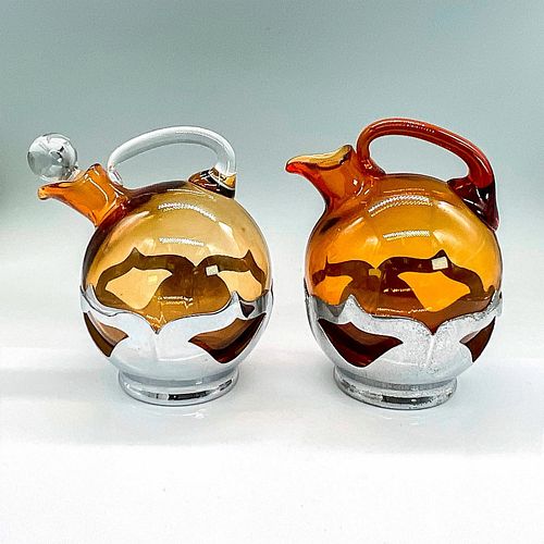 2PC FARBER BROS AMBER GLASS DECANTER