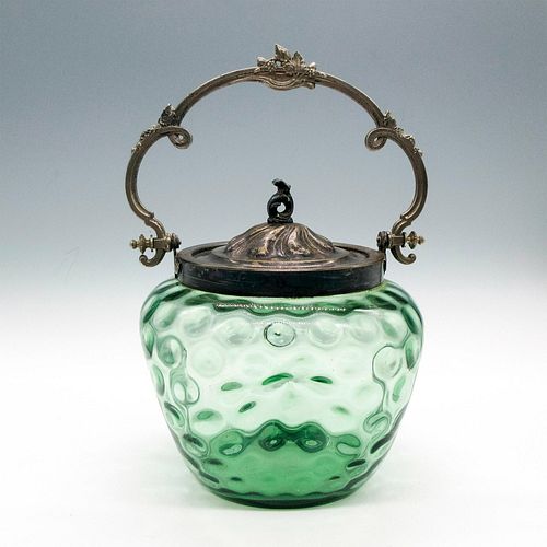 VINTAGE GREEN GLASS BISCUIT JAR WITH