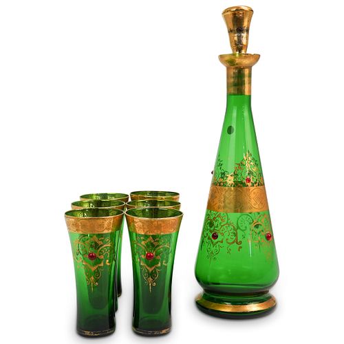  7 PC BOHEMIAN GREEN GLASS DECANTER 3903a7