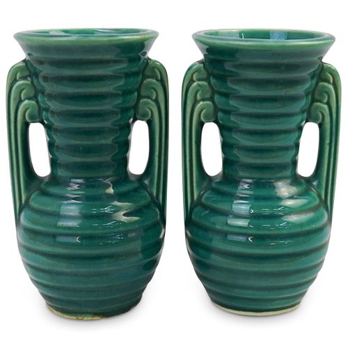  2 PC ART DECO GREEN RIBBED CERAMIC 39040e