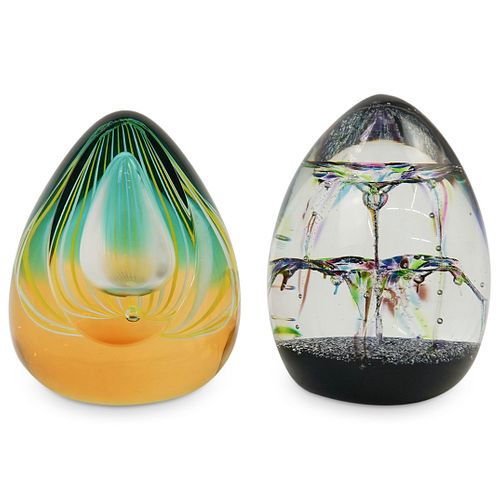 (2 PC) ART GLASS OVAL PAPERWEIGHTS