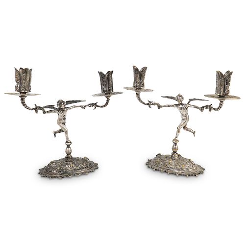 ANTIQUE SILVER BRONZE CHERUB TORCHLIGHTS 39070e