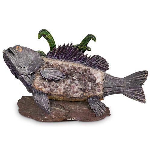 AMETHYST AND CARVED WOOD FISH SCULPTUREDESCRIPTION: