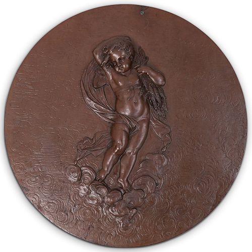 ANTIQUE BRONZE CHERUB RELIEF PLAQUEDESCRIPTION  390adc