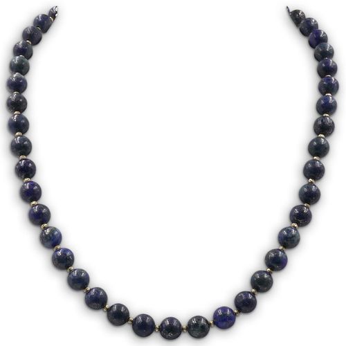 14K GOLD AND BEADED LAPIS NECKLACEDESCRIPTION: