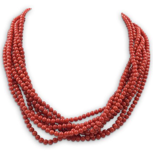 BEADED CORAL AND STERLING NECKLACEDESCRIPTION: